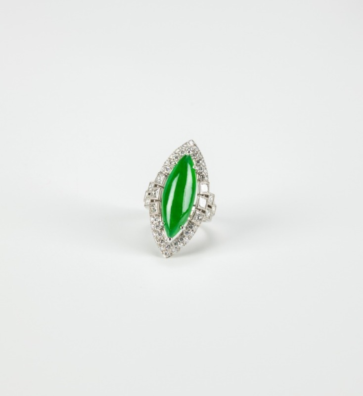 A Translucent Rhombus Cabochon Jadeite Ring Mounted With 18K White Gold And Diamonds