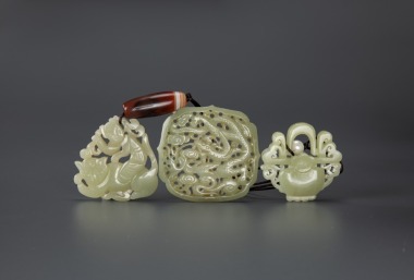 Late Qing/Republic-A Group Of Three Green Jade Carved ‘Dragon,Boy ‘ Pendants