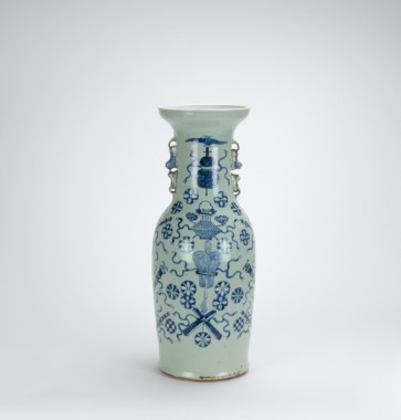Late Qing-A Light Green Ground Blue And White ‘Taoist Eight Tresures’ Large Vase