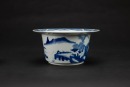 A Chinese Blue And White ‘Fishing Landscape ’ Flower Pot (Qing Dynasty)