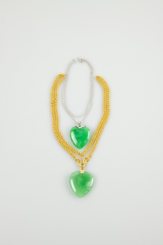 A 24k Gold Necklace with Two Heart Shape Jadeite Pendants