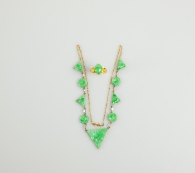 A 24k Gold Jadeite Ring With Jadeite Mounted Diamond Necklace