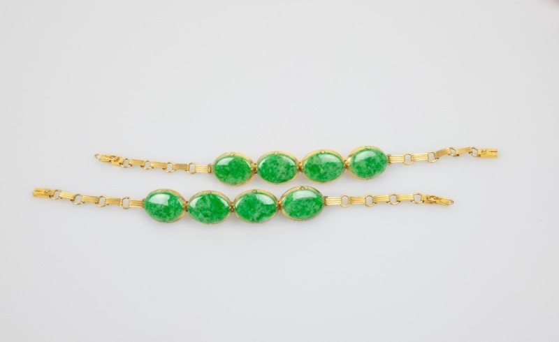 A Pair Of 14k Gold Mounted Jadeite Bracelet