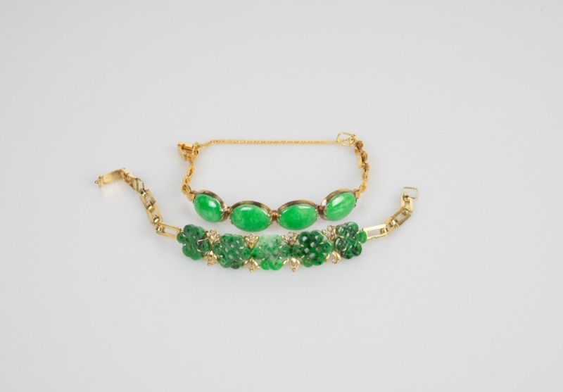 A Two 14k Gold Mounted Jadeite Bracelet