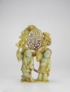 A Chinese Yellowish White Jade Carved Two Boy Holding Lotus Flower With ‘ Bat And Shou’ Statue