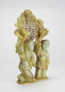 A Chinese Yellowish White Jade Carved Two Boy Holding Lotus Flower With ‘ Bat And Shou’ Statue - 2