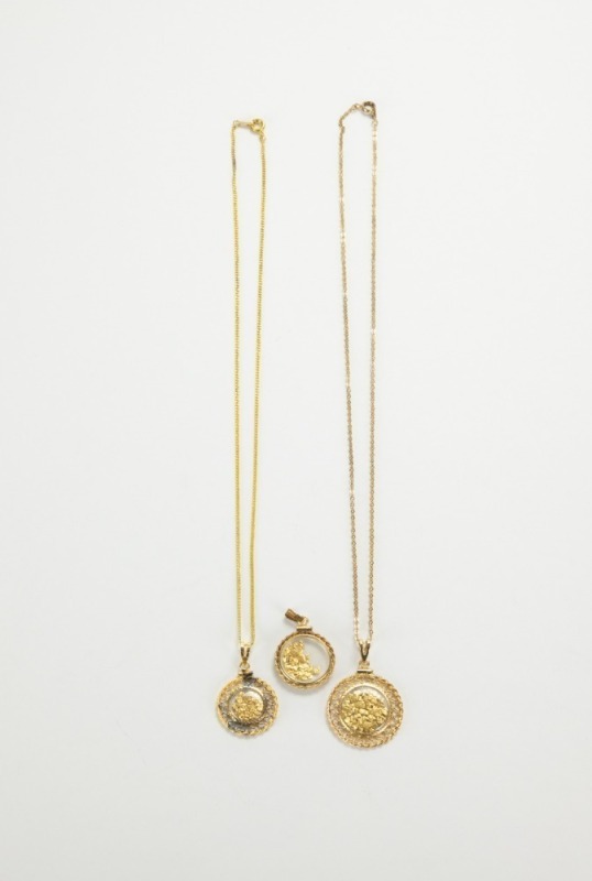 Three 24k Gold Nuggets Pendants With One 14k Gold Necklace