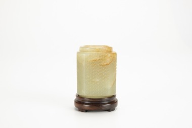 A Chinese White Jade Cong With Woodstand.