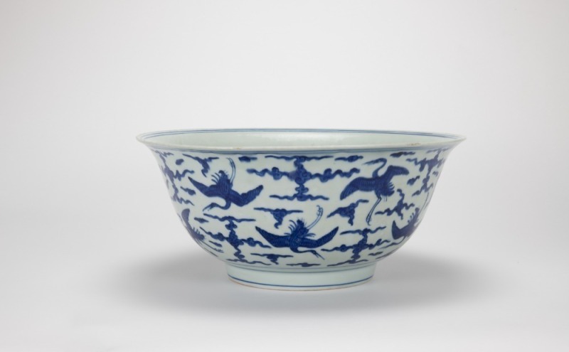 A Chinese Blue And White &lsquo;Flying Cranes And Clouds&rsquo; Bowl.