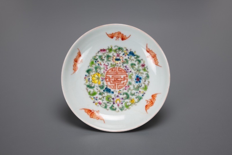 A Chinese Famille-Glazed &lsquo;Shou with Five Bat&rsquo; Dish.