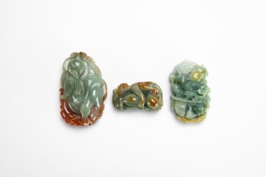 A Group Of Three Jadeite Pendant. Carved Monkey, Dragon And Child.