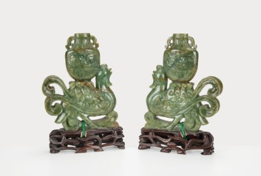 A Pair Of Jadeite Carved Phoenixs Vases.