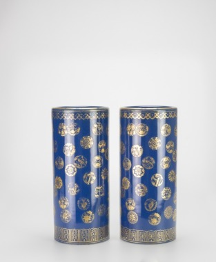 A Pair Of Sacrif icial - Blue Glazed Glit &lsquo;Flowers And Shou&rsquo; Vase.