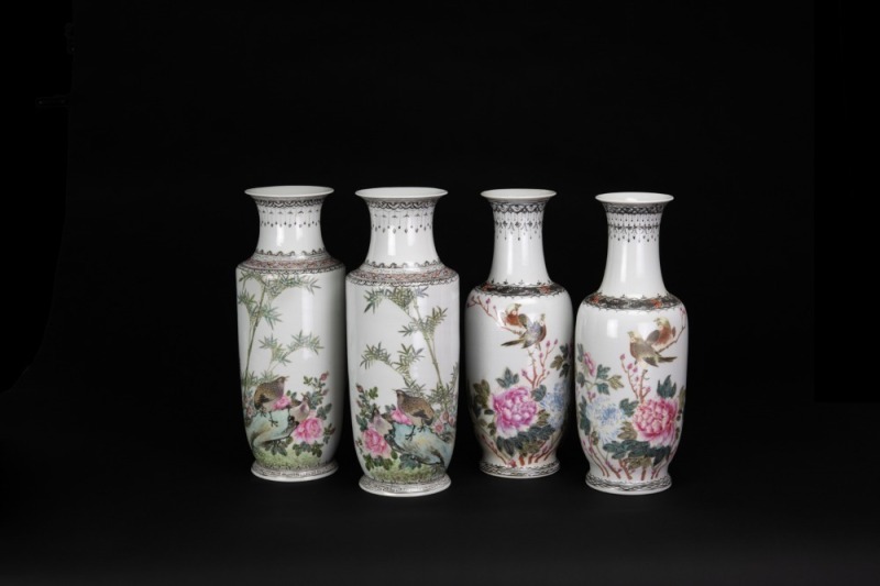 A Two Pair Of Famille - Glazed &lsquo;Birds And Flowers&rsquo; Vases.