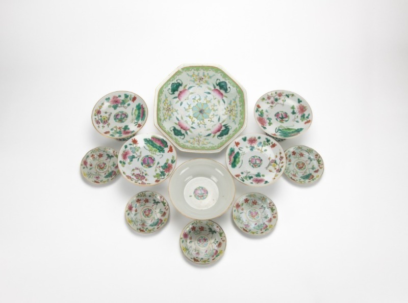 A Group Of Eleven Famille Glaze &lsquo;Peaches And Flowers&rsquo; Dishes