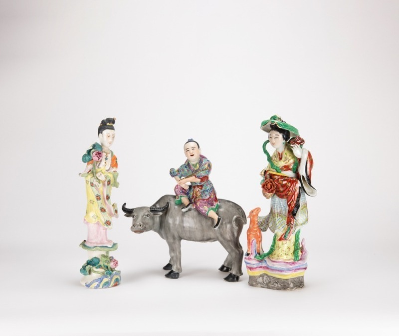 A Group Of Three Famille - Glazed Statues,