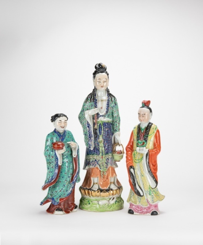 A Group Of Three Famille - Glazed Statues