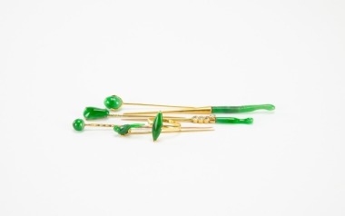 A Group Of Six Semi - Traslucent Natural Green Jadeite Mounted In 14k Gold Hatpin