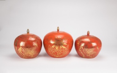 A Group Of Three Red Glazed Gilted Cover Jars
