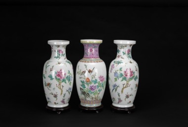 A Group Of Three Famille Glazed &lsquo; Birds And Flowers&rsquo; Vases