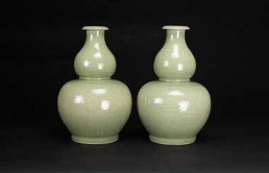 A Pair Of Light Green Glazed &lsquo;Flowers&rsquo; Gourd Vases