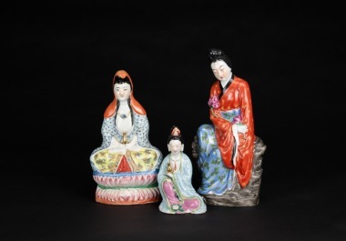 A Group Of Three Famille Glazed Guanyin And Beauty&rsquo; Statue,