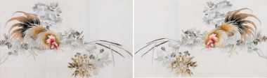 A Pair Of Embroidered Silk &lsquo;Rooster&rsquo; Pillow Cases.